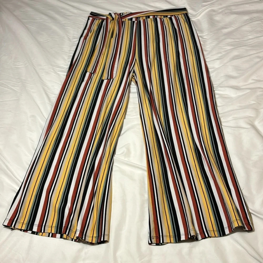 Women’s Wide Leg Pull On Stretch
Stripes Tie Belt Boho Pants - Picture 2 of 7